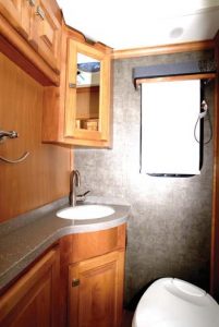 The 32-foot motorhome has a compact but well equipped bathroom. 