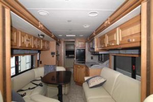 With the slides retracted, I have plenty of room to walk from front to back in this motorhome. This can be a major factor when you choose a floorplan