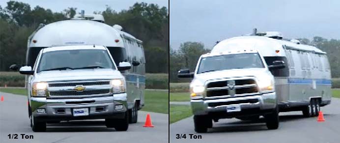 These two trucks in the slalom are both stock. Note that even though the three-quarter ton has much harsher riding springs, the half-ton does not lean any further going around the cones, even though it is actually going faster. The narrow stance and taller centre of gravity simply overpower the stiff springs. Going straight down the road the three-quarter ton feels more controlled - it is just when you try to change direction quickly you notice the difference.