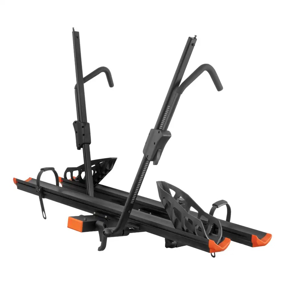 The Curt Aluminum Tray-Style Hitch-Mounted Bike Rack can handle standard mountain bikes to even bulkier E-Bikes, with a max carrying capacity of 130 lb.