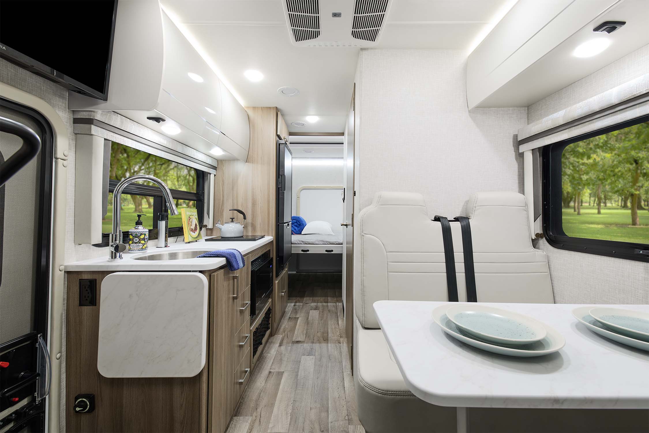 2025 Thor Motor Coach Gemini TRIP 22MT - interior, front to back, in Seapearl and Pacific Pearl decor.