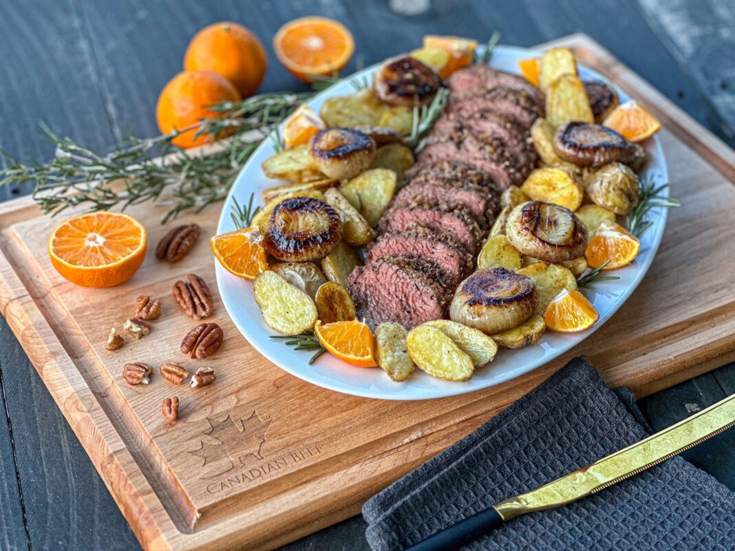 A special treat from Maddie and Kiki - the Grill Masters - Spiced Pecan-Crusted Petite Tender Beef Roast with Fingerlings and Cipollini Onions