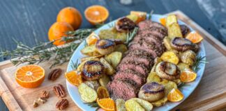 A special treat from Maddie and Kiki - the Grill Masters - Spiced Pecan-Crusted Petite Tender Beef Roast with Fingerlings and Cipollini Onions