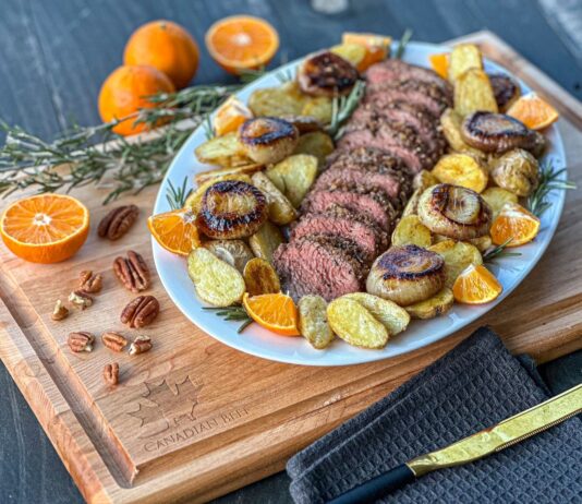 A special treat from Maddie and Kiki - the Grill Masters - Spiced Pecan-Crusted Petite Tender Beef Roast with Fingerlings and Cipollini Onions