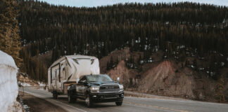 RAM 3500 turbo diesel duallie towing a fifth wheel travel trailer - photo courtesy https://www.ramtruck.ca/en/3500/gallery-page