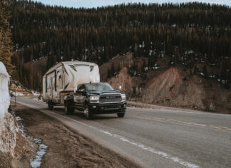 RAM 3500 turbo diesel duallie towing a fifth wheel travel trailer - photo courtesy https://www.ramtruck.ca/en/3500/gallery-page