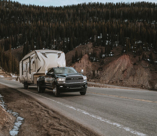 RAM 3500 turbo diesel duallie towing a fifth wheel travel trailer - photo courtesy https://www.ramtruck.ca/en/3500/gallery-page