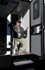 Some RV models have washrooms that are accessible from both inside and outside... we check for legroom, ease of access, and privacy.