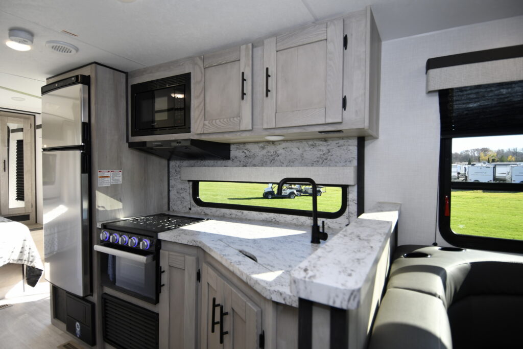 We check out the galley facilities - here is view of the galley in a KZ-RV Connect C221 RESE travel trailer.