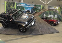 Automotive journalists take the 2025 Jeep Gladiator Rubicon through ite paces on the indoor test track - Canadian International AutoShow, Toronto