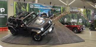 Automotive journalists take the 2025 Jeep Gladiator Rubicon through ite paces on the indoor test track - Canadian International AutoShow, Toronto