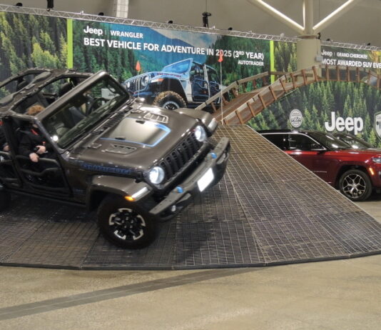 Automotive journalists take the 2025 Jeep Gladiator Rubicon through ite paces on the indoor test track - Canadian International AutoShow, Toronto