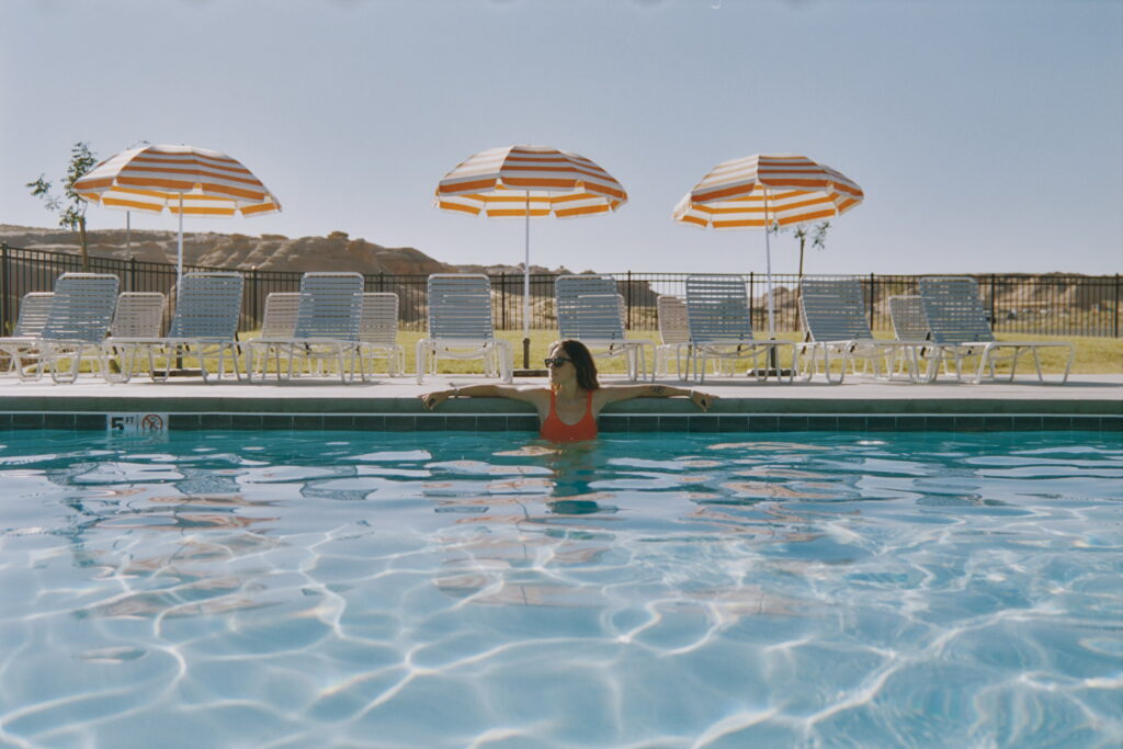 Relaxing in the pool at Roam Horseshoe Bend RV Resort in Northern Arizona