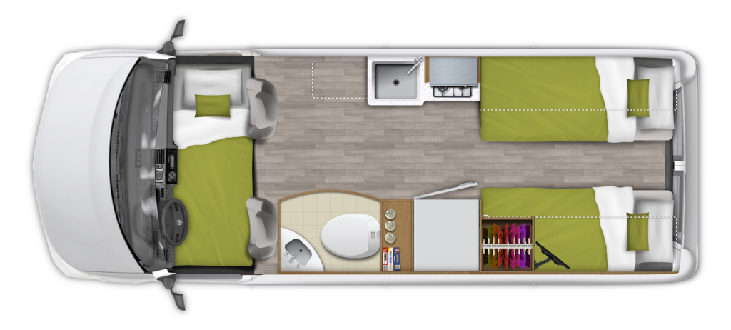 Roadtrek 2025 Play + interior floorplan, twin rear beds, showing sleeping accommodations.