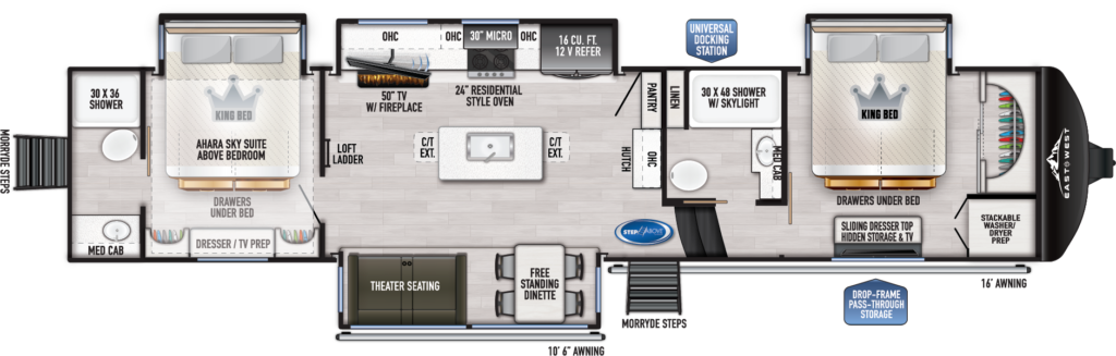 East to West RV Ahara 390DS floorplan.