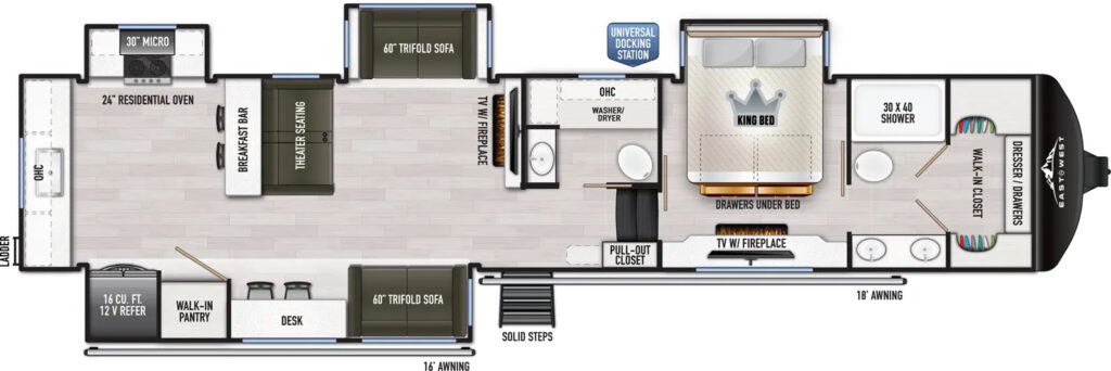 East to West RV Ahara 395FB floorplan.